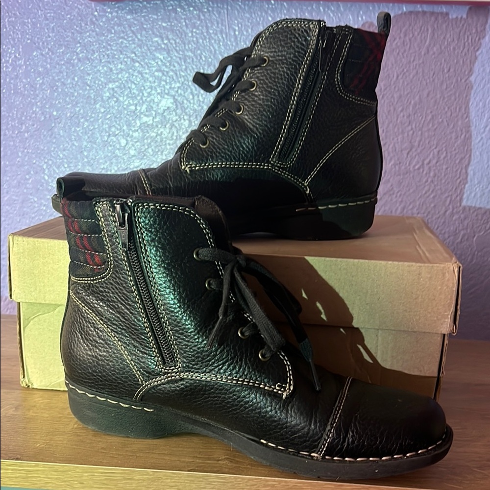 Clarks Black Leather Boots with Red Plaid Accent